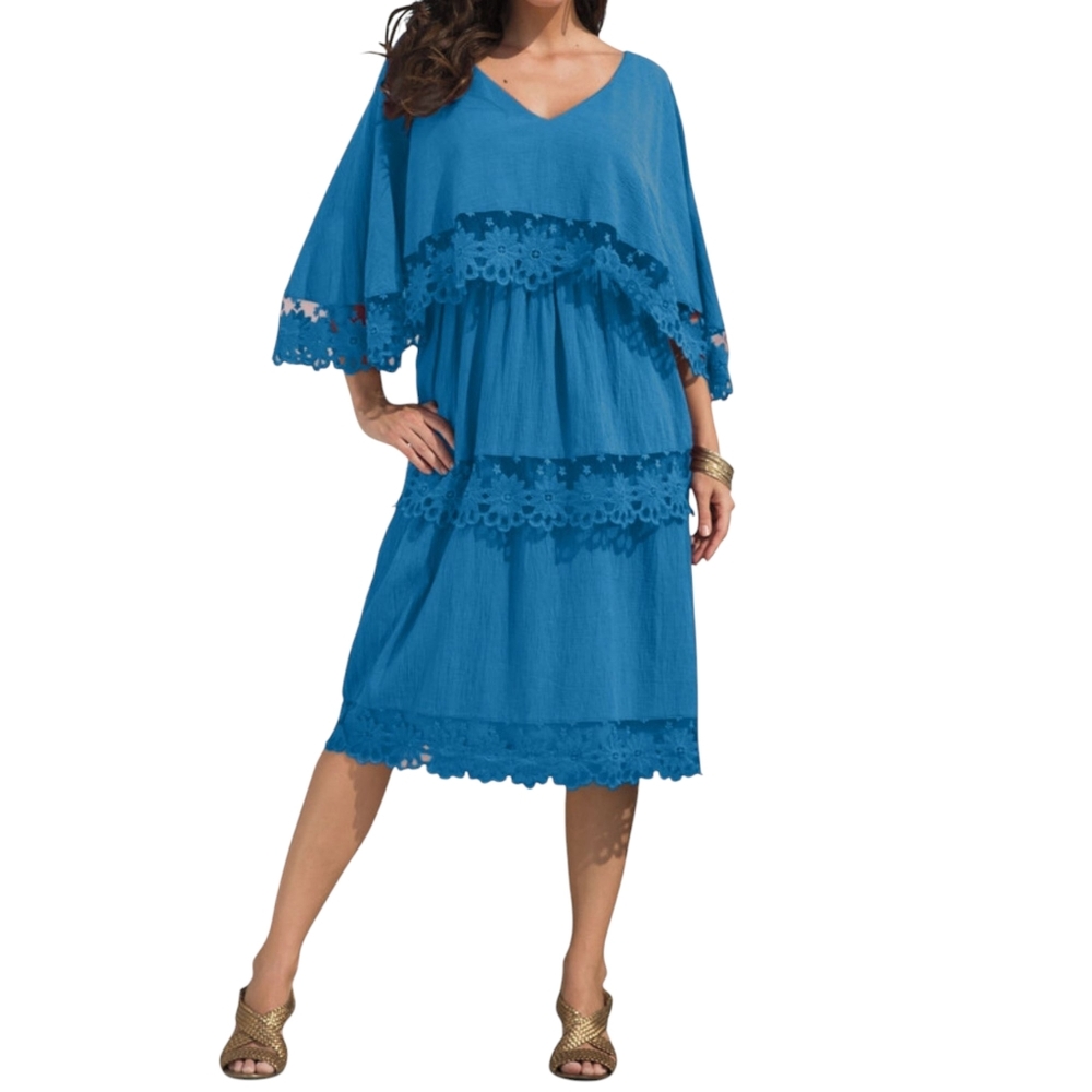 Roaman's | Tiered Lace Crinkle Knit Gauze Dress Vibrant Blue V-Neck Knee Length